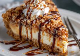 "Samoas pie topped with toasted coconut, drizzled with caramel and chocolate, and layered on a buttery crust."