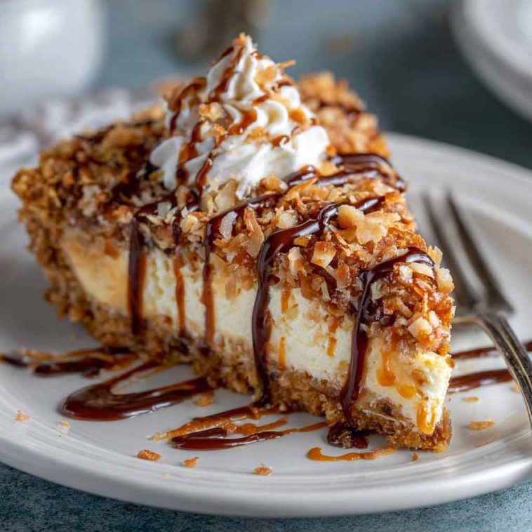 "Samoas pie topped with toasted coconut, drizzled with caramel and chocolate, and layered on a buttery crust."