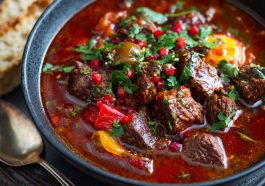 A golden, flaky phyllo pastry pie filled with seasoned ground beef, cut into squares and served warm.