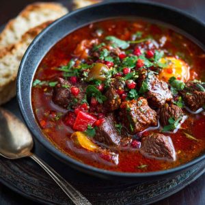 A golden, flaky phyllo pastry pie filled with seasoned ground beef, cut into squares and served warm.