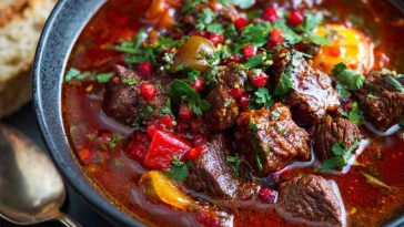 A golden, flaky phyllo pastry pie filled with seasoned ground beef, cut into squares and served warm.