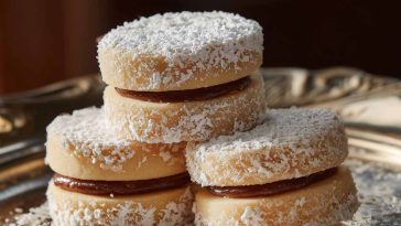 "Traditional Andalusian alfajores stacked on a plate, dusted with powdered sugar and filled with honey and nuts."