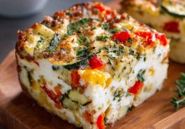“A golden baked cottage cheese and veggie casserole filled with colorful vegetables, creamy cheese, and herbs.”