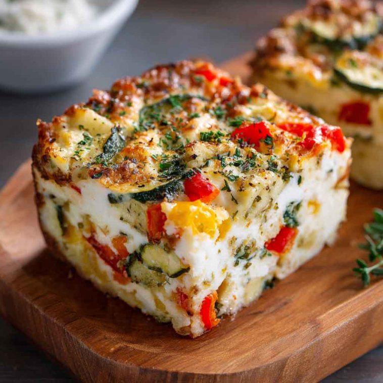 “A golden baked cottage cheese and veggie casserole filled with colorful vegetables, creamy cheese, and herbs.”