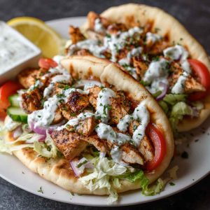 “Warm pita bread filled with juicy Mediterranean chicken gyros, fresh vegetables, and creamy tzatziki sauce.”