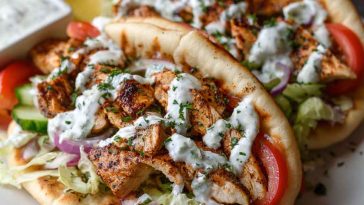 “Warm pita bread filled with juicy Mediterranean chicken gyros, fresh vegetables, and creamy tzatziki sauce.”
