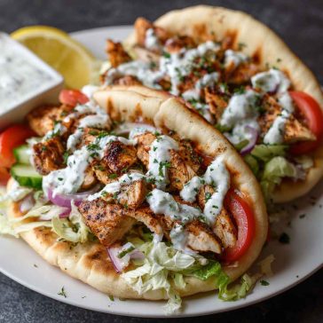 “Warm pita bread filled with juicy Mediterranean chicken gyros, fresh vegetables, and creamy tzatziki sauce.”