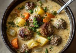 "Cozy Swedish meatball soup served in a rustic bowl with creamy broth, tender meatballs, and fresh herbs."