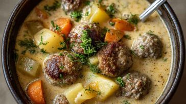 "Cozy Swedish meatball soup served in a rustic bowl with creamy broth, tender meatballs, and fresh herbs."