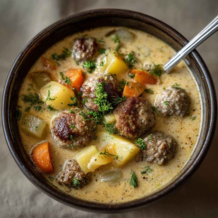 "Cozy Swedish meatball soup served in a rustic bowl with creamy broth, tender meatballs, and fresh herbs."