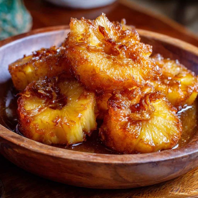 Golden rum-soaked fried pineapple rings caramelized to perfection, topped with a drizzle of syrup and mint garnish.