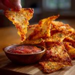 Crispy homemade pizza chips topped with melted cheese, herbs, and pepperoni slices, served as a crunchy snack.