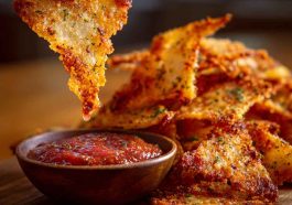 Crispy homemade pizza chips topped with melted cheese, herbs, and pepperoni slices, served as a crunchy snack.