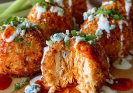 Golden buffalo chicken bombs stuffed with spicy shredded chicken, cream cheese, and melted cheddar, drizzled with buffalo sauce and served warm.