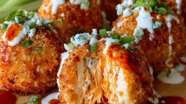 Golden buffalo chicken bombs stuffed with spicy shredded chicken, cream cheese, and melted cheddar, drizzled with buffalo sauce and served warm.