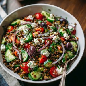 Mediterranean lentil salad with tomatoes, cucumbers, red onion, parsley, and lemon dressing served in a bowl.