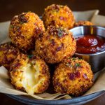 "Golden spicy bacon cheese balls served on a platter, crispy outside with gooey melted cheese inside."