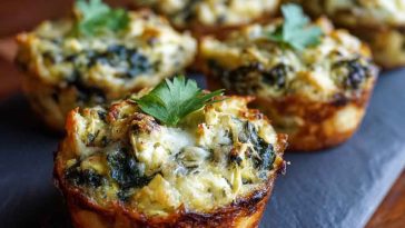 "Mini spinach and artichoke dip cups baked in golden phyllo shells, topped with melted cheese and fresh herbs."