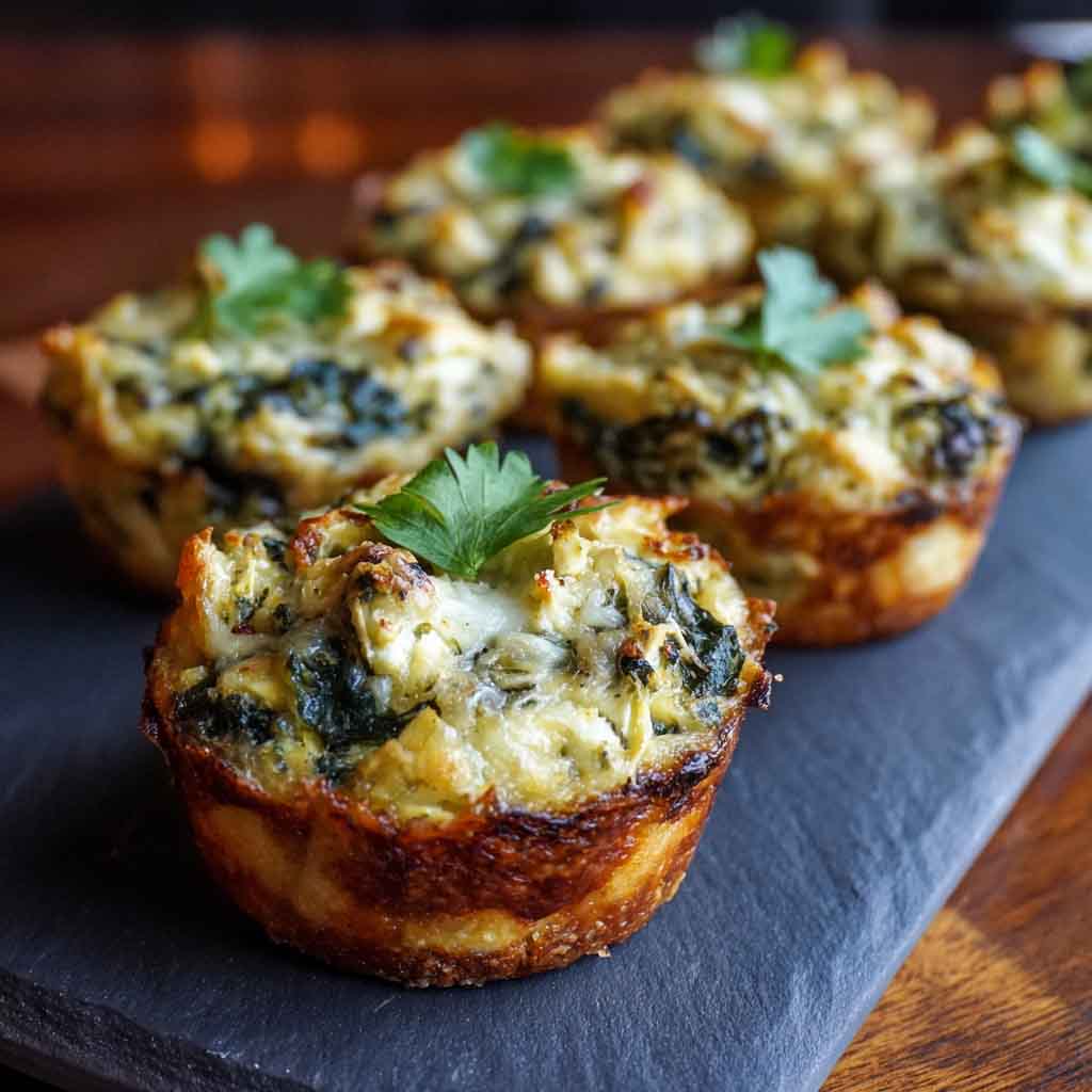 "Mini spinach and artichoke dip cups baked in golden phyllo shells, topped with melted cheese and fresh herbs."