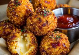 "Golden spicy bacon cheese balls served on a platter, crispy outside with gooey melted cheese inside."