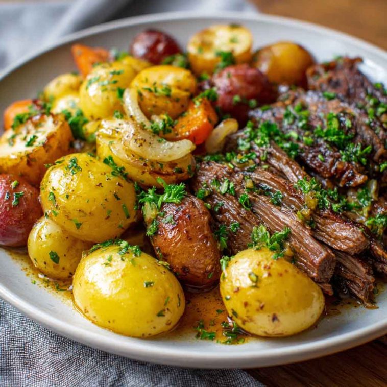 A hearty slow cooker dish with tender garlic butter beef and golden potatoes, garnished with fresh herbs.