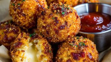 "Golden spicy bacon cheese balls served on a platter, crispy outside with gooey melted cheese inside."