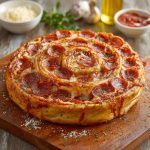 “A golden-brown jumbo pepperoni-stuffed pizza spiral sliced into rounds, oozing with melted cheese and served on a platter.”