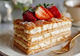 “Flaky Napoleon cake layers stacked with creamy custard filling, dusted with powdered sugar on a serving plate.”