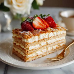“Flaky Napoleon cake layers stacked with creamy custard filling, dusted with powdered sugar on a serving plate.”