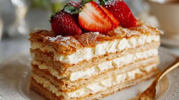 “Flaky Napoleon cake layers stacked with creamy custard filling, dusted with powdered sugar on a serving plate.”
