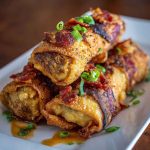 “Crispy golden voodoo egg rolls filled with spicy chicken, peppers, and cheese, served with dipping sauce.”