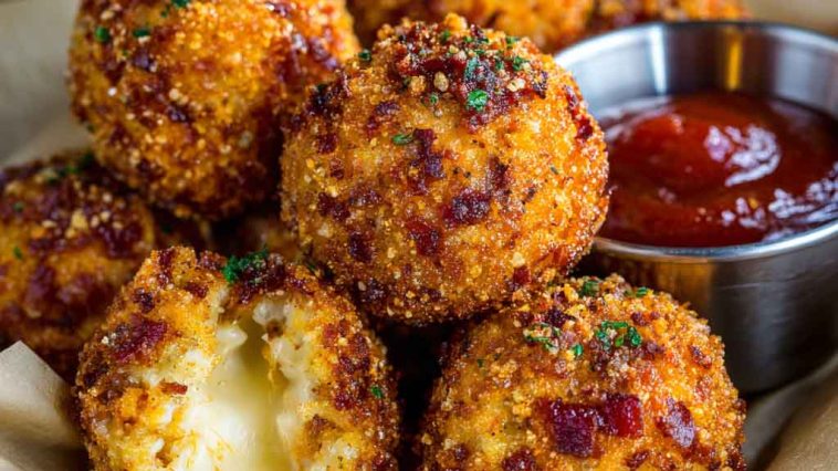 "Golden spicy bacon cheese balls served on a platter, crispy outside with gooey melted cheese inside."