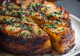 “A golden crispy balsamic potato torte layered with thinly sliced potatoes, baked to perfection, and drizzled with balsamic glaze.”