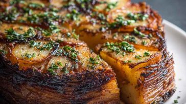 “A golden crispy balsamic potato torte layered with thinly sliced potatoes, baked to perfection, and drizzled with balsamic glaze.”