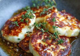 “Golden grilled halloumi cheese drizzled with honey and sprinkled with fresh thyme leaves.”