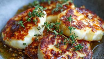 “Golden grilled halloumi cheese drizzled with honey and sprinkled with fresh thyme leaves.”