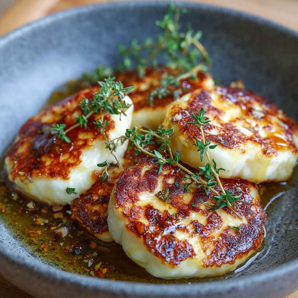 “Golden grilled halloumi cheese drizzled with honey and sprinkled with fresh thyme leaves.”