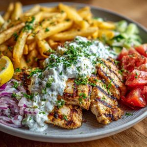 “A Greek-style chicken plate served with golden fries, fresh pita bread, crisp salad, and creamy tzatziki sauce.”