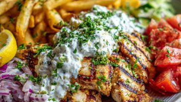 “A Greek-style chicken plate served with golden fries, fresh pita bread, crisp salad, and creamy tzatziki sauce.”