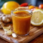 Jar of mango habanero honey garlic sauce with fresh mango slices and habanero peppers beside it.