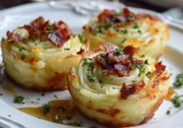 Golden mashed potato nests stuffed with melted cheese and garnished with fresh herbs.