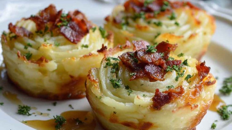 Golden mashed potato nests stuffed with melted cheese and garnished with fresh herbs.