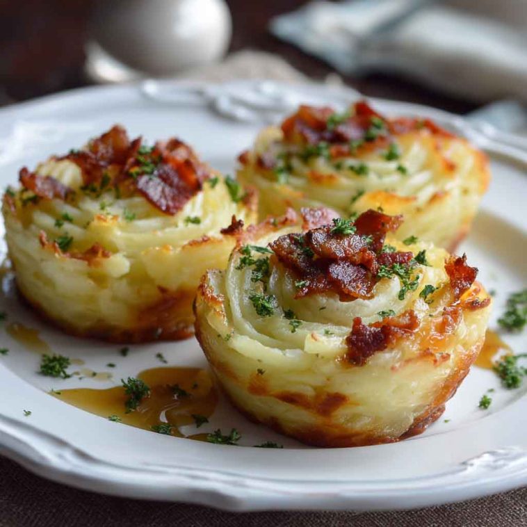 Golden mashed potato nests stuffed with melted cheese and garnished with fresh herbs.
