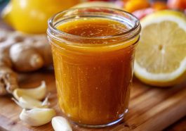 Jar of mango habanero honey garlic sauce with fresh mango slices and habanero peppers beside it.