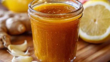 Jar of mango habanero honey garlic sauce with fresh mango slices and habanero peppers beside it.