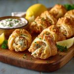 Golden crescent bites filled with creamy crab and cheese, served on a platter with parsley garnish.