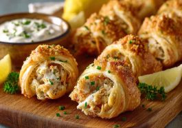 Golden crescent bites filled with creamy crab and cheese, served on a platter with parsley garnish.