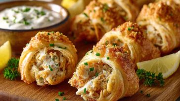 Golden crescent bites filled with creamy crab and cheese, served on a platter with parsley garnish.