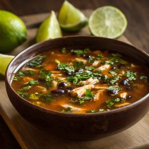 Bowl of chicken poblano and black bean soup with tender chicken, roasted poblano peppers, black beans, corn, and fresh cilantro garnish.