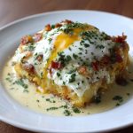 Eggs Benedict casserole topped with hollandaise sauce and garnished with fresh parsley.